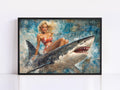 a painting of a woman sitting on top of a shark