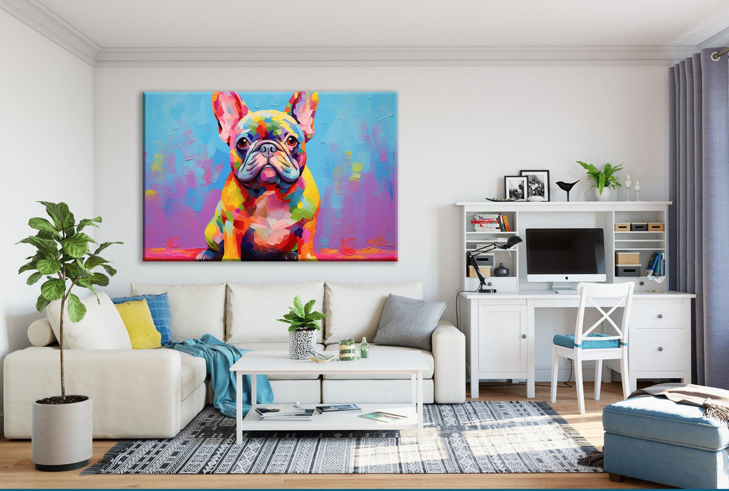 a living room with a large, colorful painting of a French Bulldog on the wall. The room has a white sofa, a coffee table, and a desk with a computer setup. There are also some decorative elements such as potted plants and a vase.