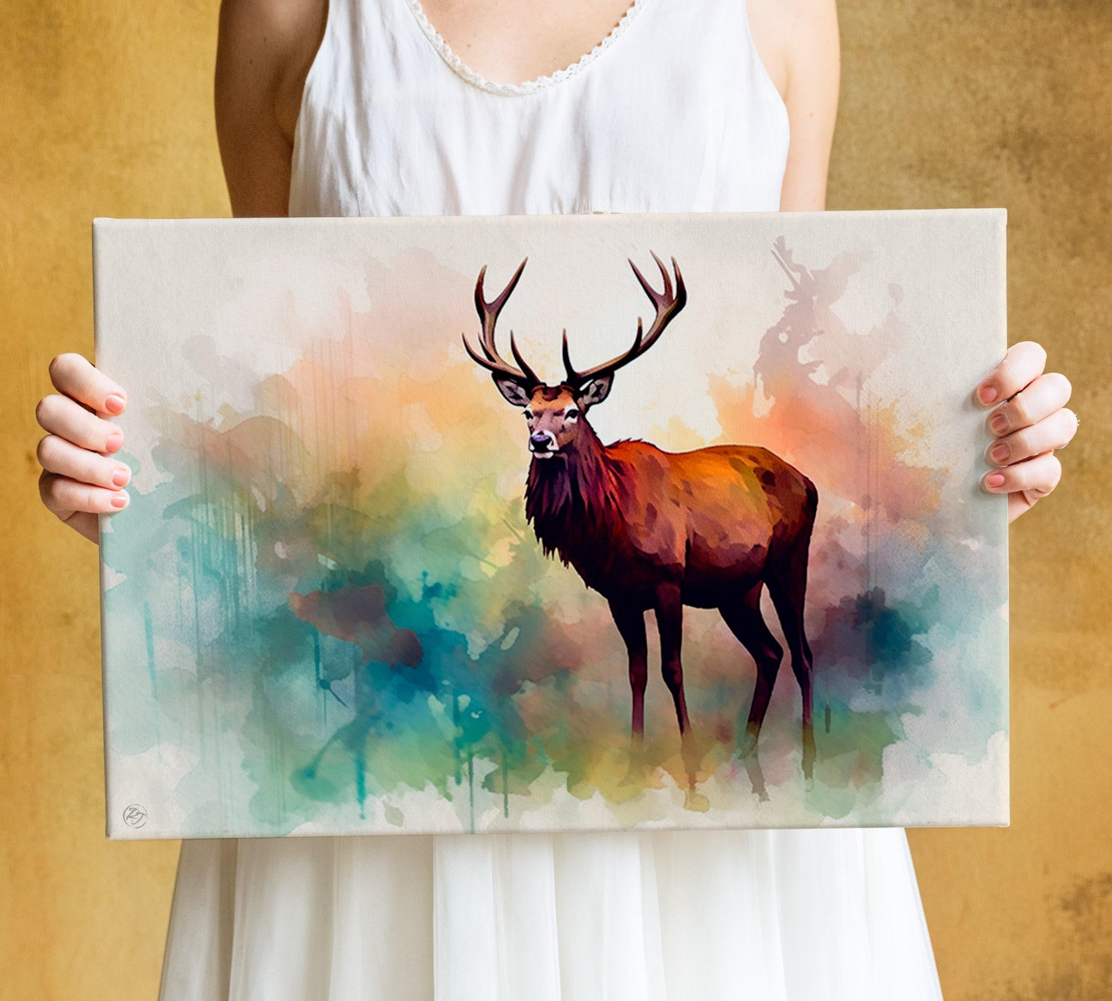 Reindeer Portrait Watercolor - Christmas Home Decor, Giclee Print on Canvas, Artist Paper, Watercolor Paper, Available in Extra Large Sizes