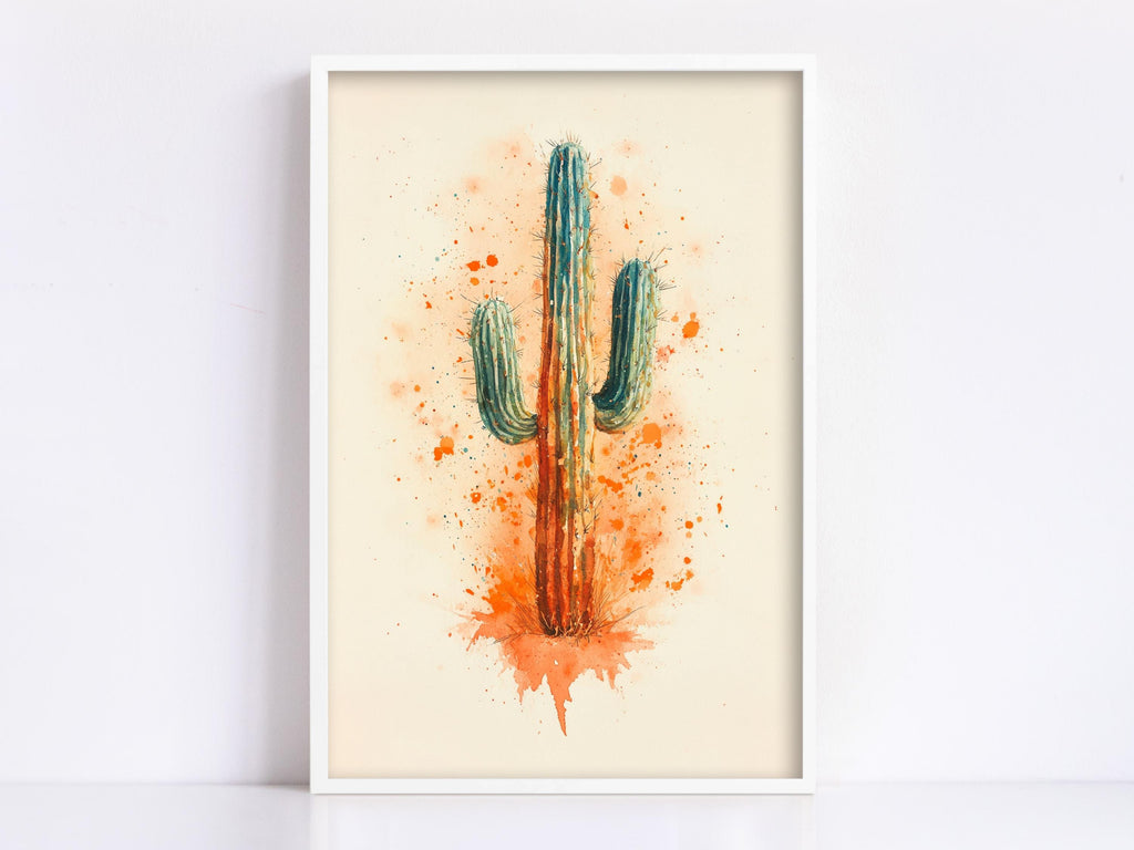 The image is a framed watercolor painting of a cactus with a vibrant orange and green color scheme, surrounded by orange splatters.