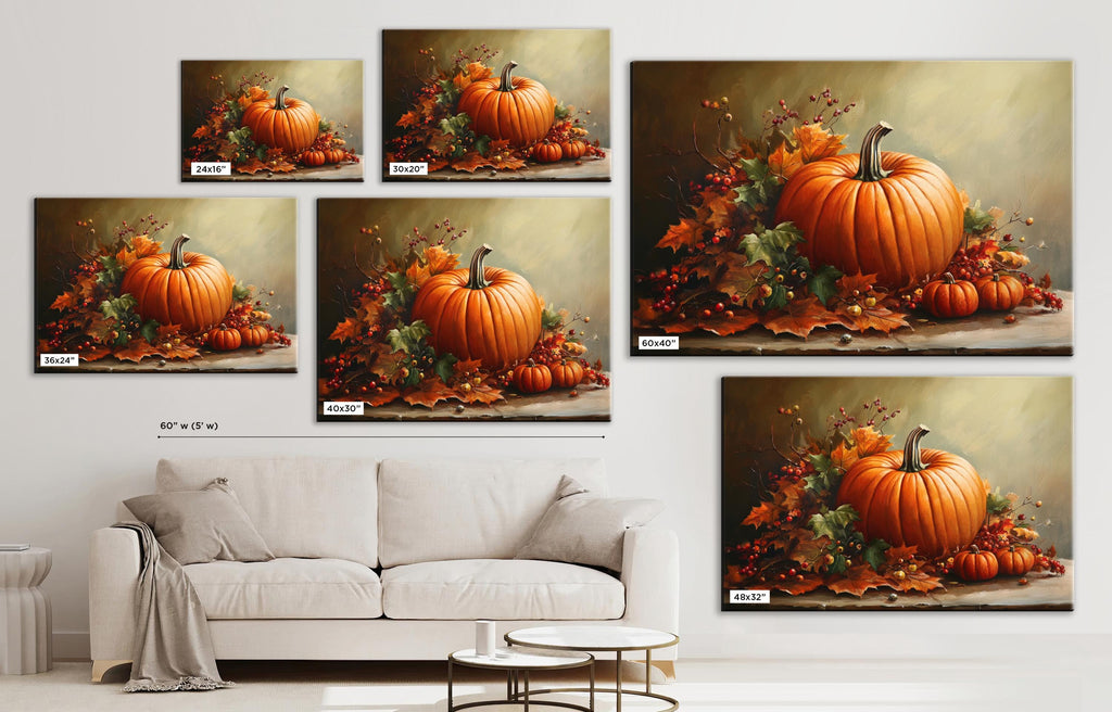 The image is a collage of five paintings depicting pumpkins and autumn leaves on a table.