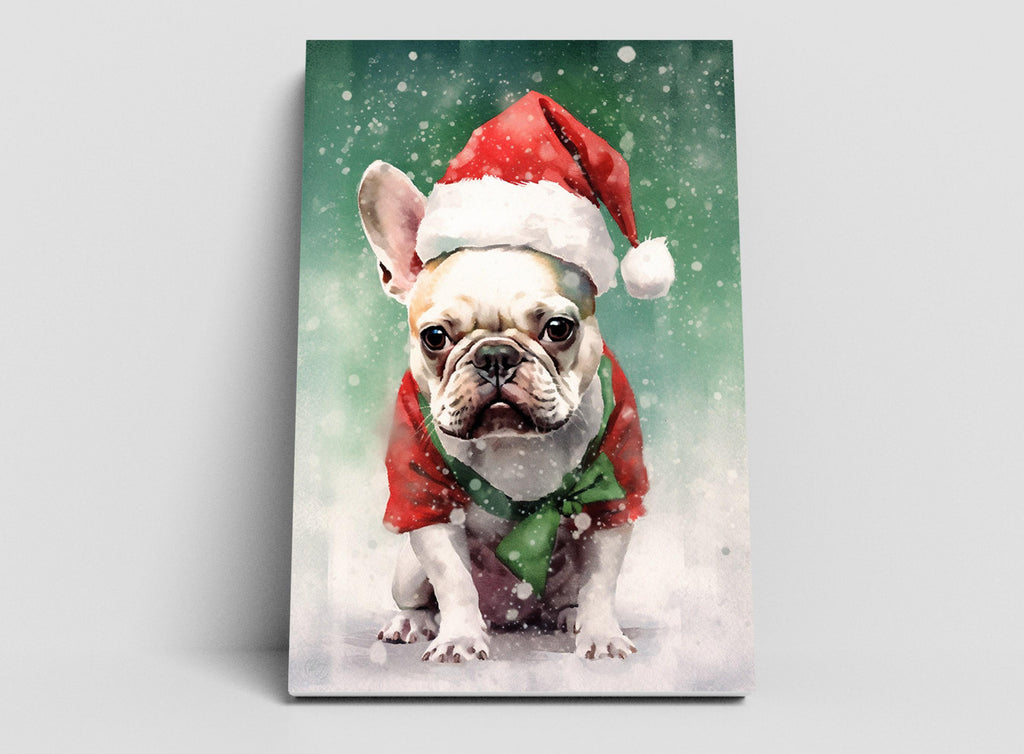 Festive French Bulldog in Santa Hat Watercolor Art, Giclee Print on Canvas, Artist Paper, Watercolor Paper, Available in Extra Large Sizes