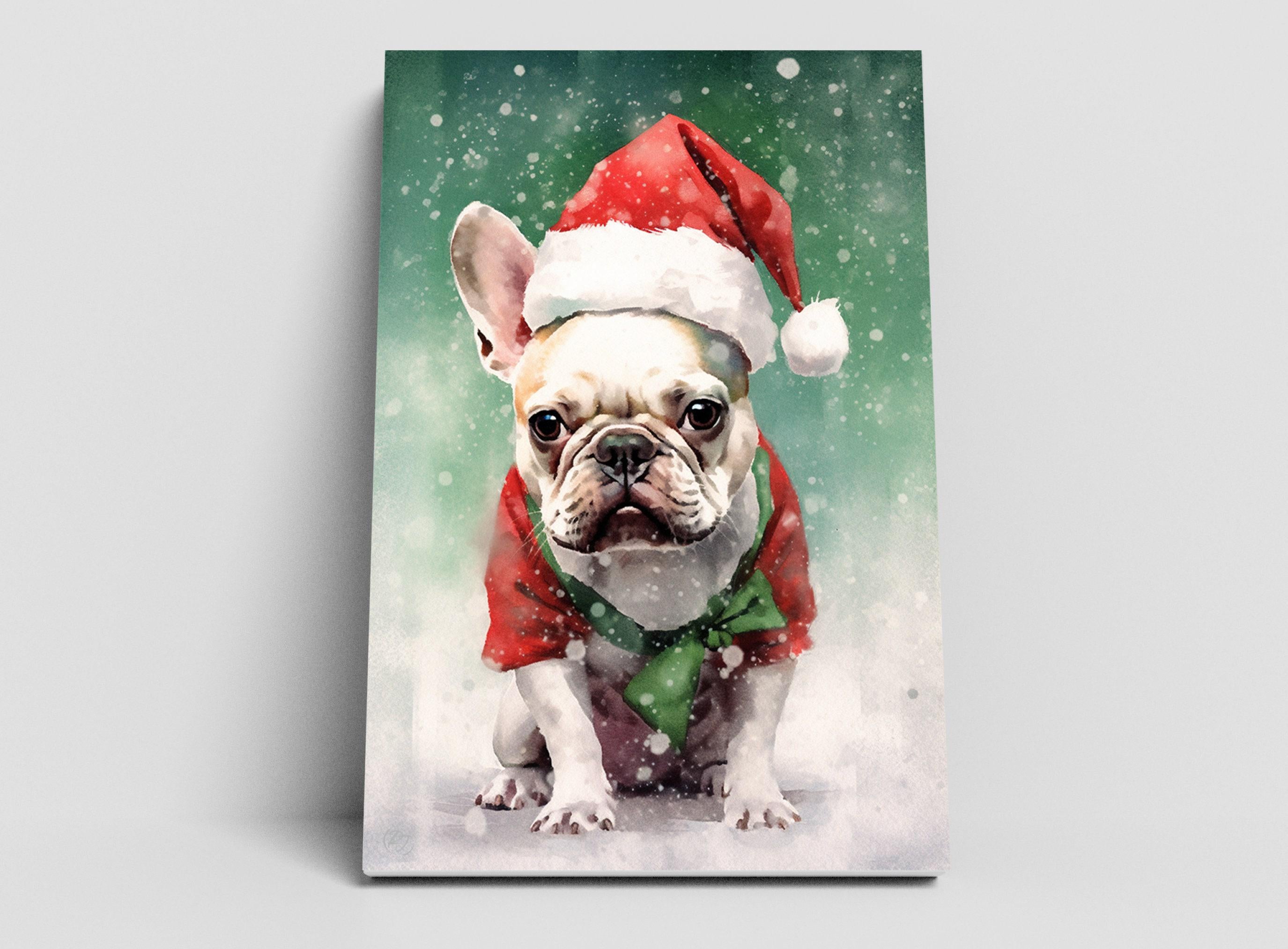 Festive French Bulldog in Santa Hat Watercolor Art, Giclee Print on Canvas, Artist Paper, Watercolor Paper, Available in Extra Large Sizes