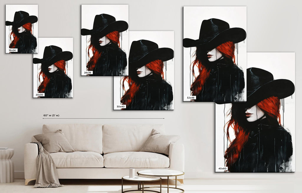 a woman with red hair wearing a black hat