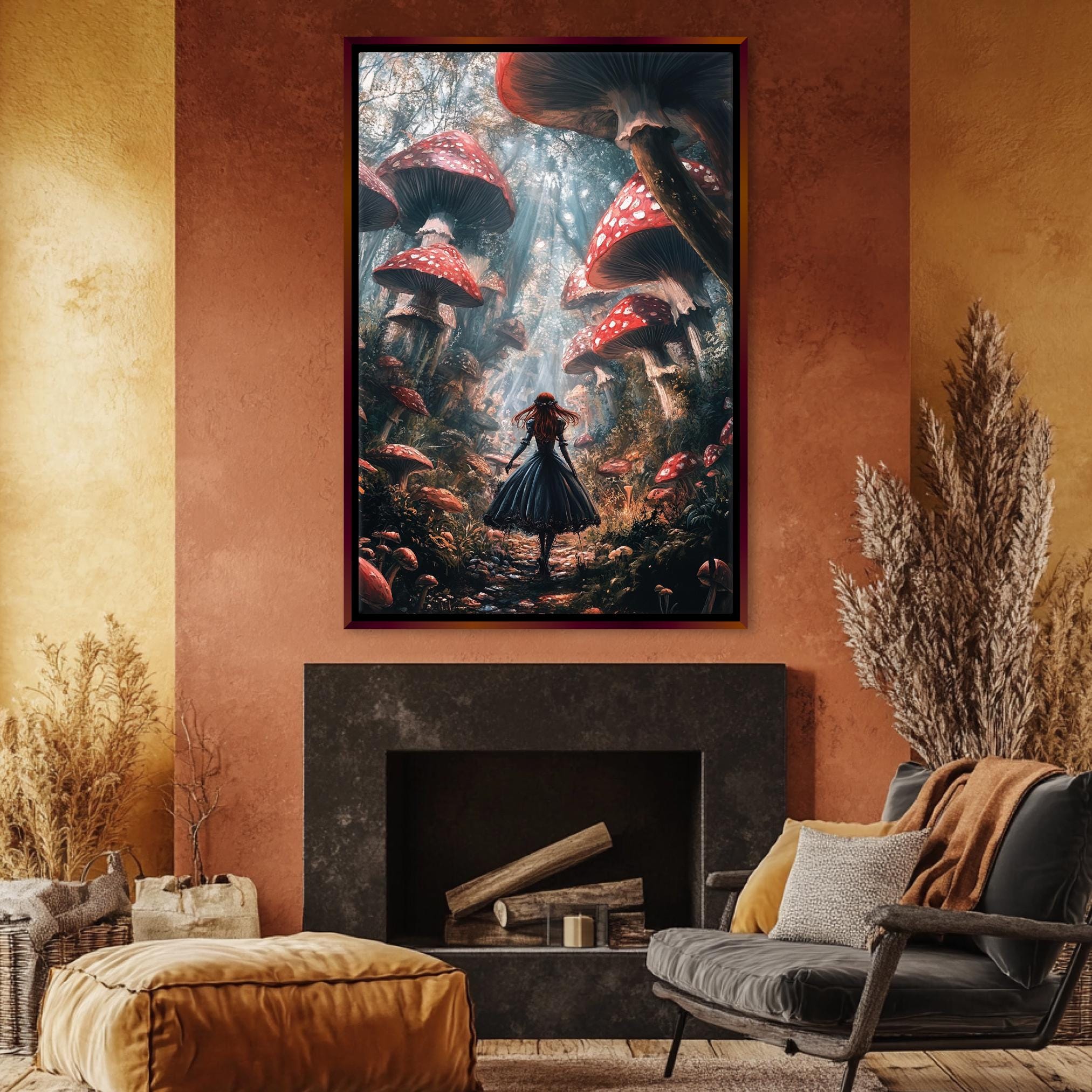 a living room with a painting on the wall