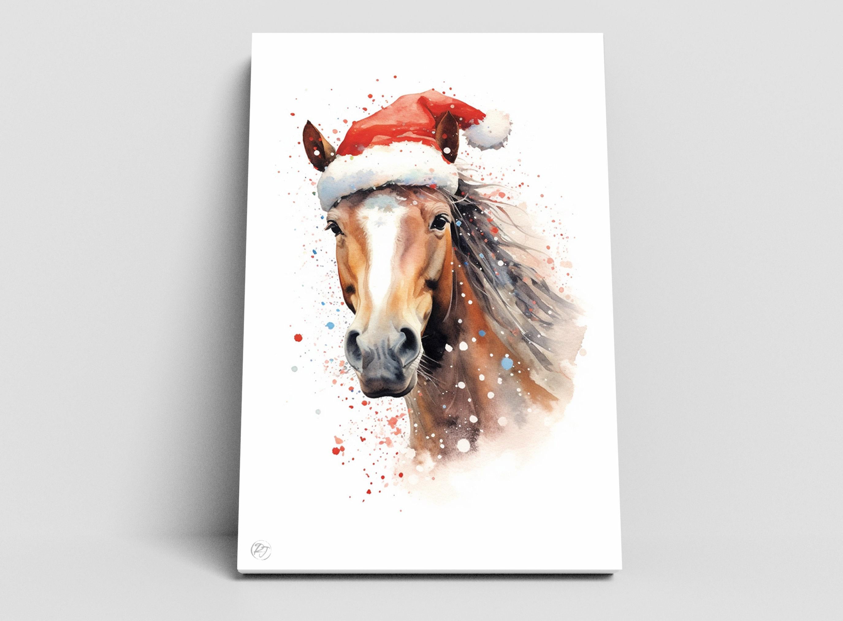Christmas Equine - Watercolor Horse with Santa Hat, Giclee Print on Canvas, Artist Paper, Watercolor Paper, Available in Extra Large Sizes