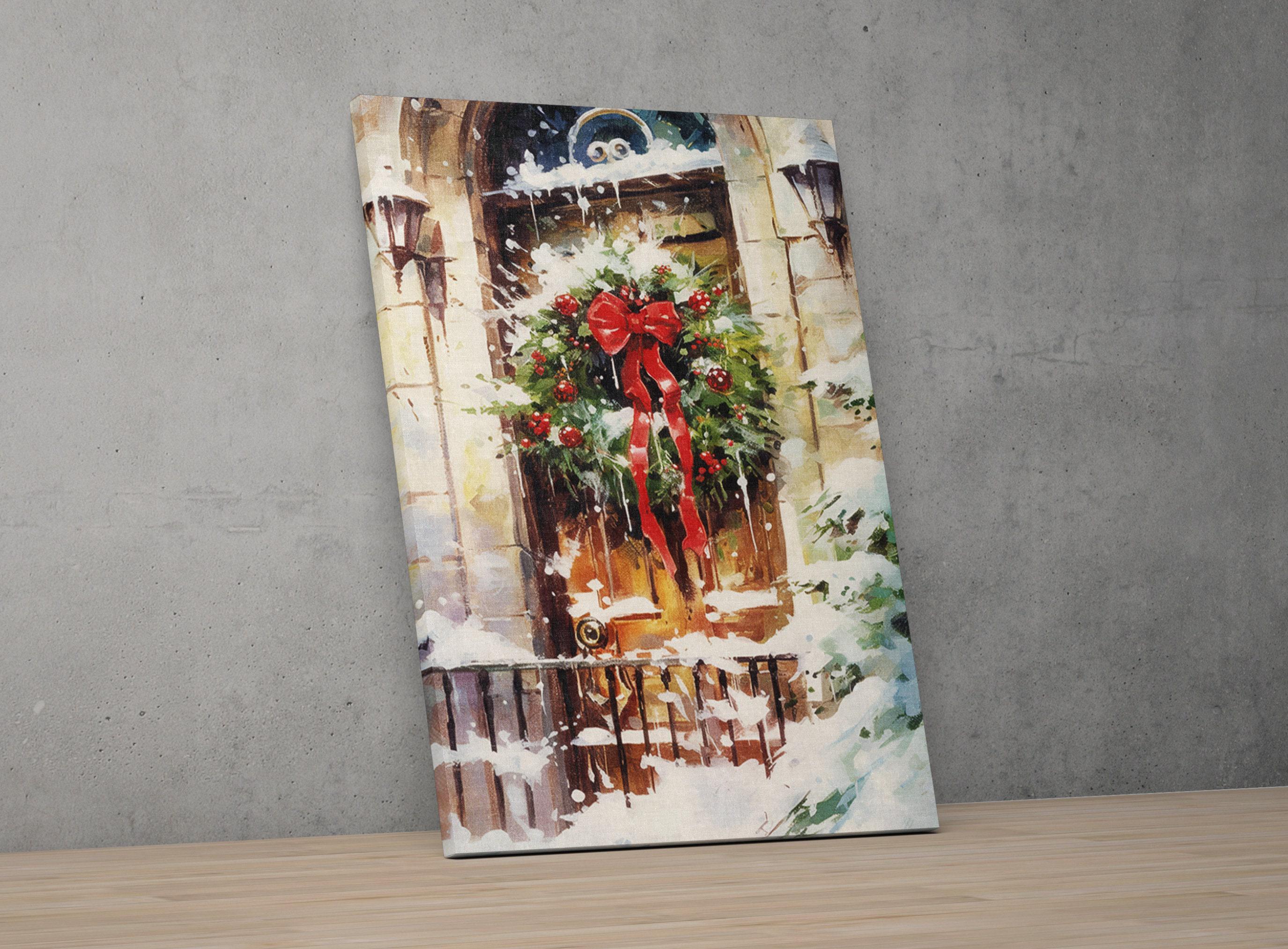 Watercolor Christmas Wreath Painting - Holiday Art, Giclee Print on Canvas, Artist Paper, Watercolor Paper, Available in Extra Large Sizes