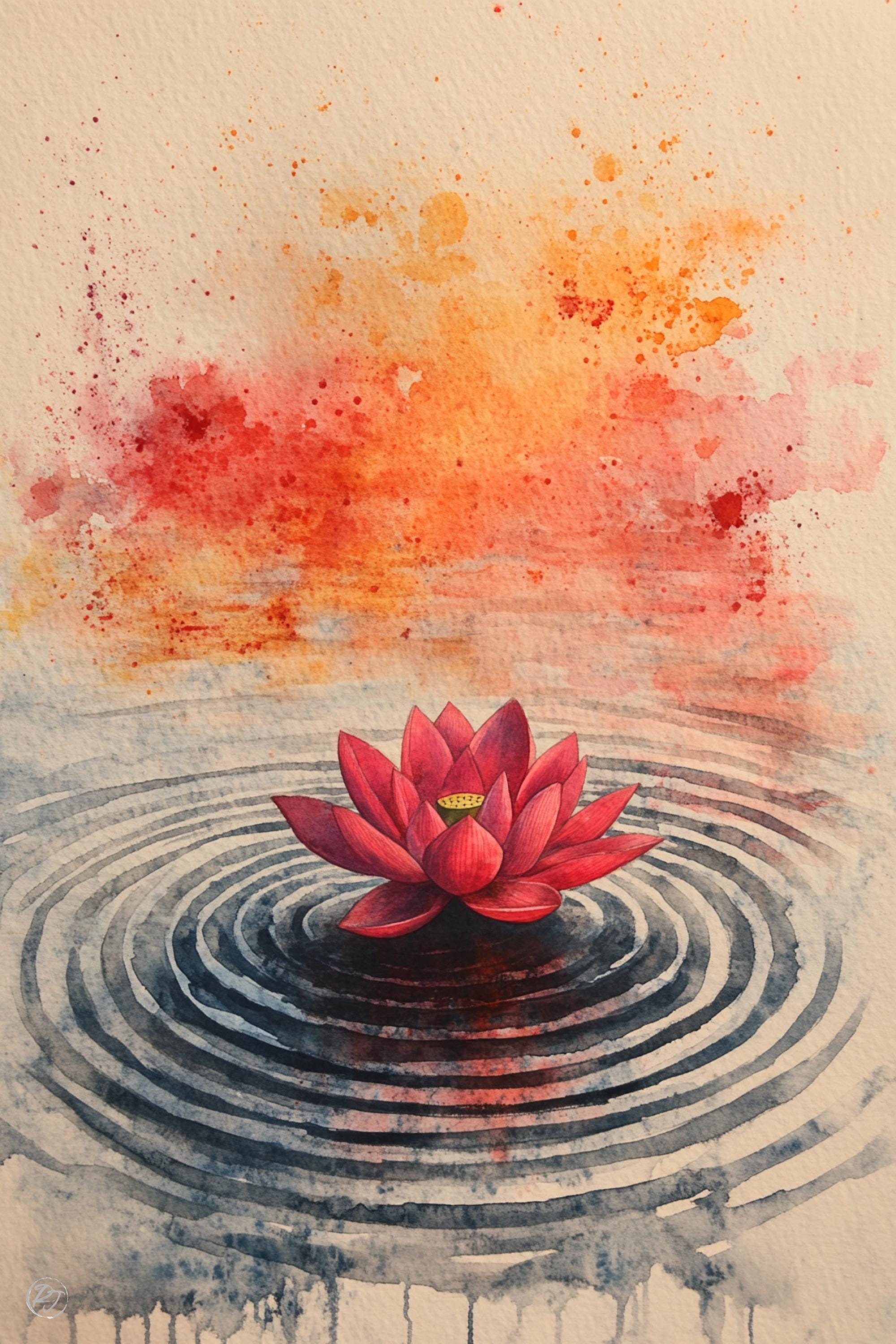 a vibrant red lotus flower floating on a body of water, surrounded by concentric circles of water, creating a sense of tranquility and harmony.