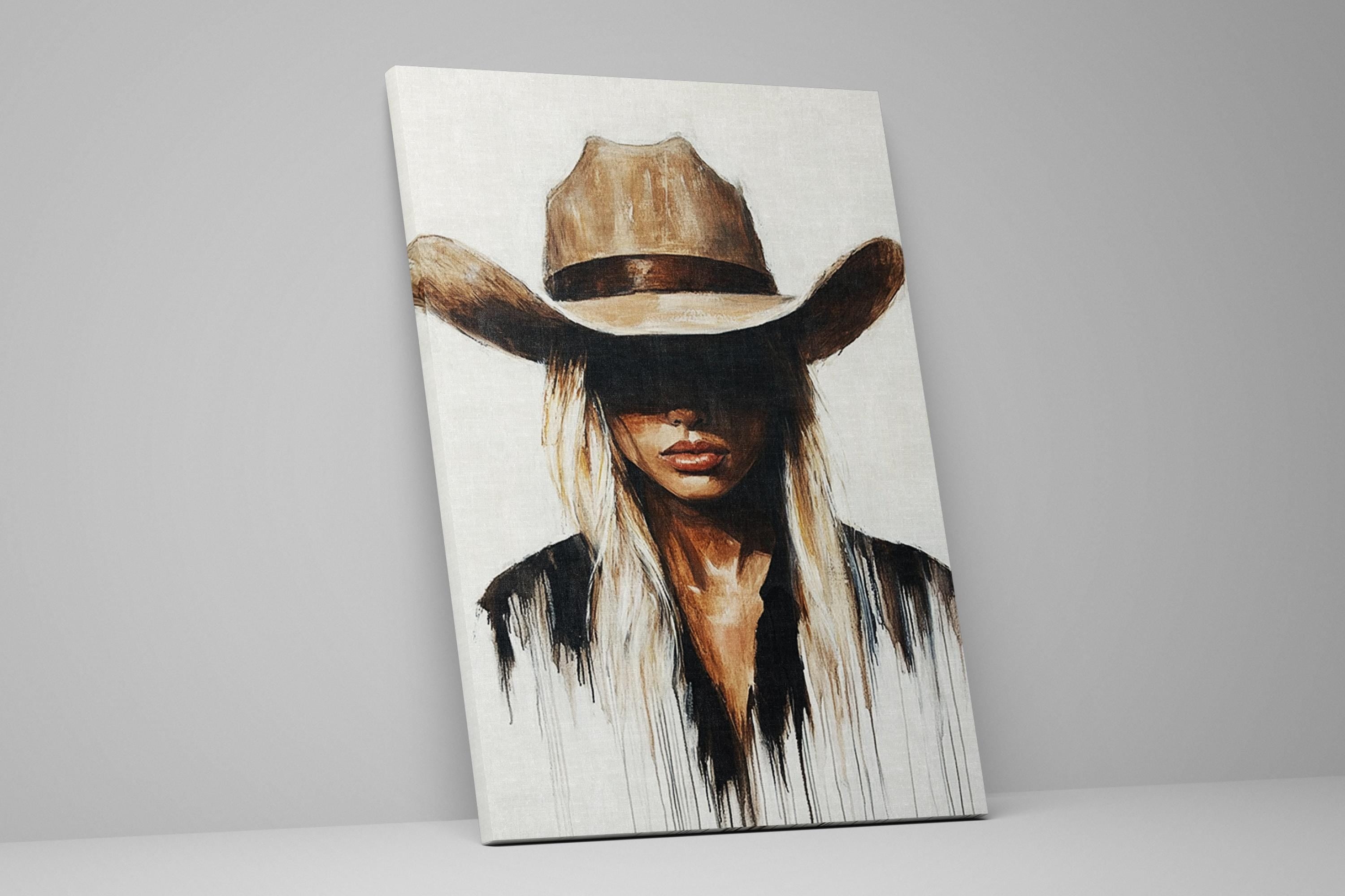 a painting of a woman wearing a cowboy hat