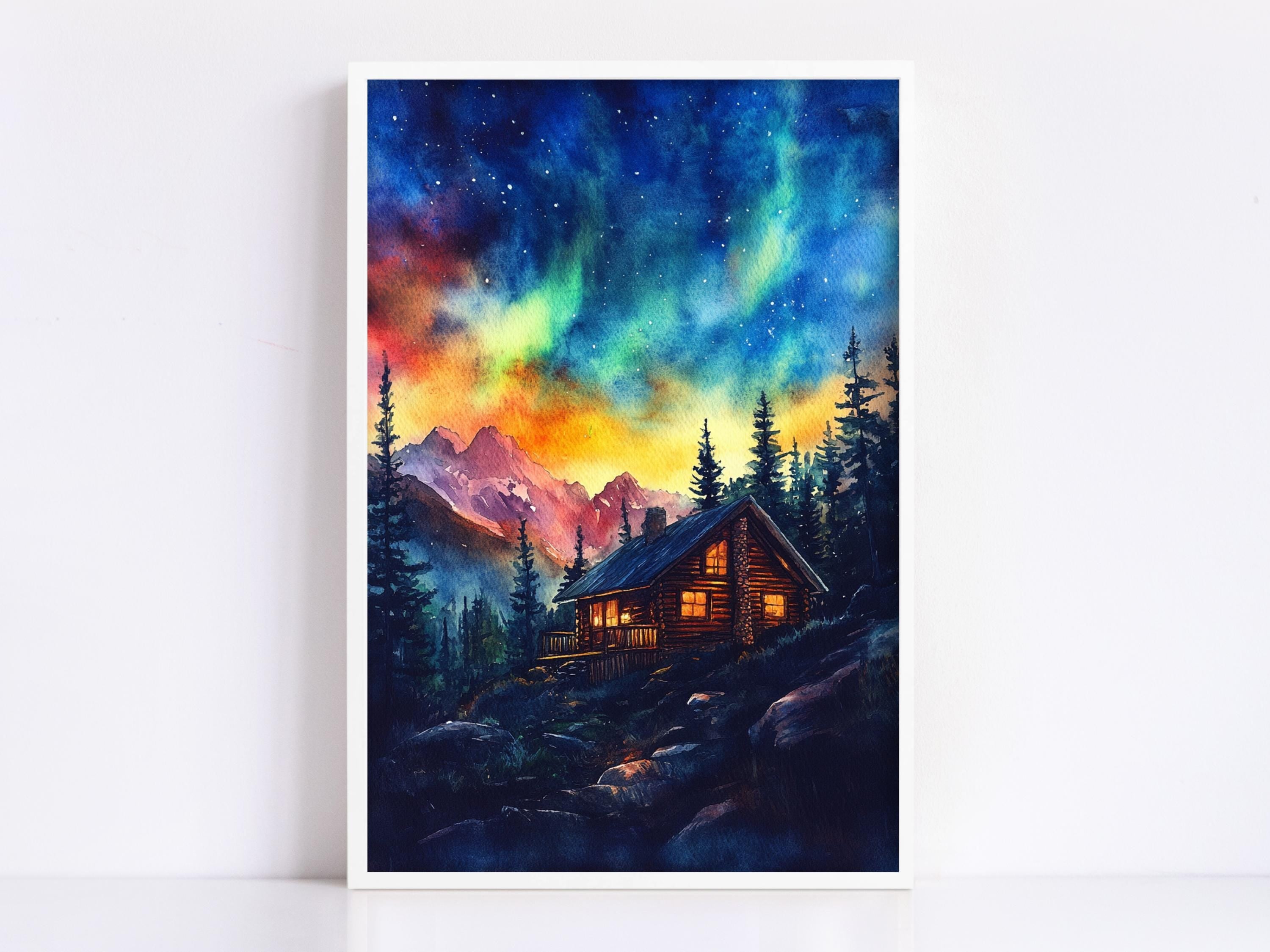 A painting of a cabin nestled in a forest, with a starry night sky and colorful, vibrant clouds above.