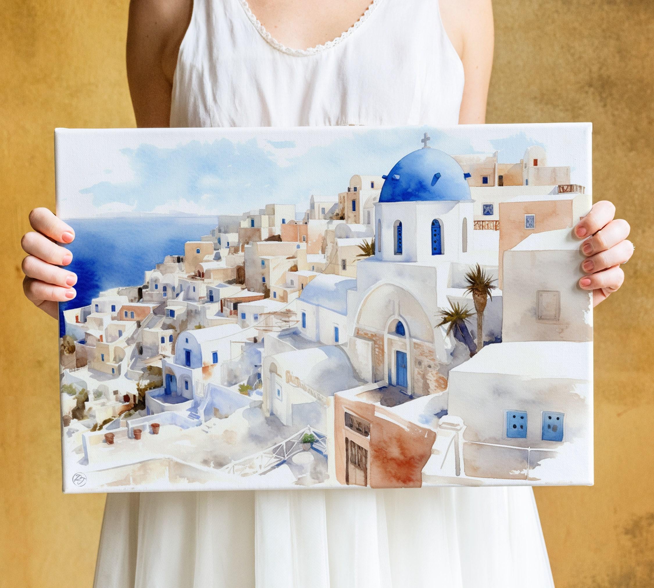 Greek Island Escape: Santorini Watercolor Wall Decor, Giclee Print on Canvas, Artist Paper, Watercolor Paper, Available in Extra Large Sizes