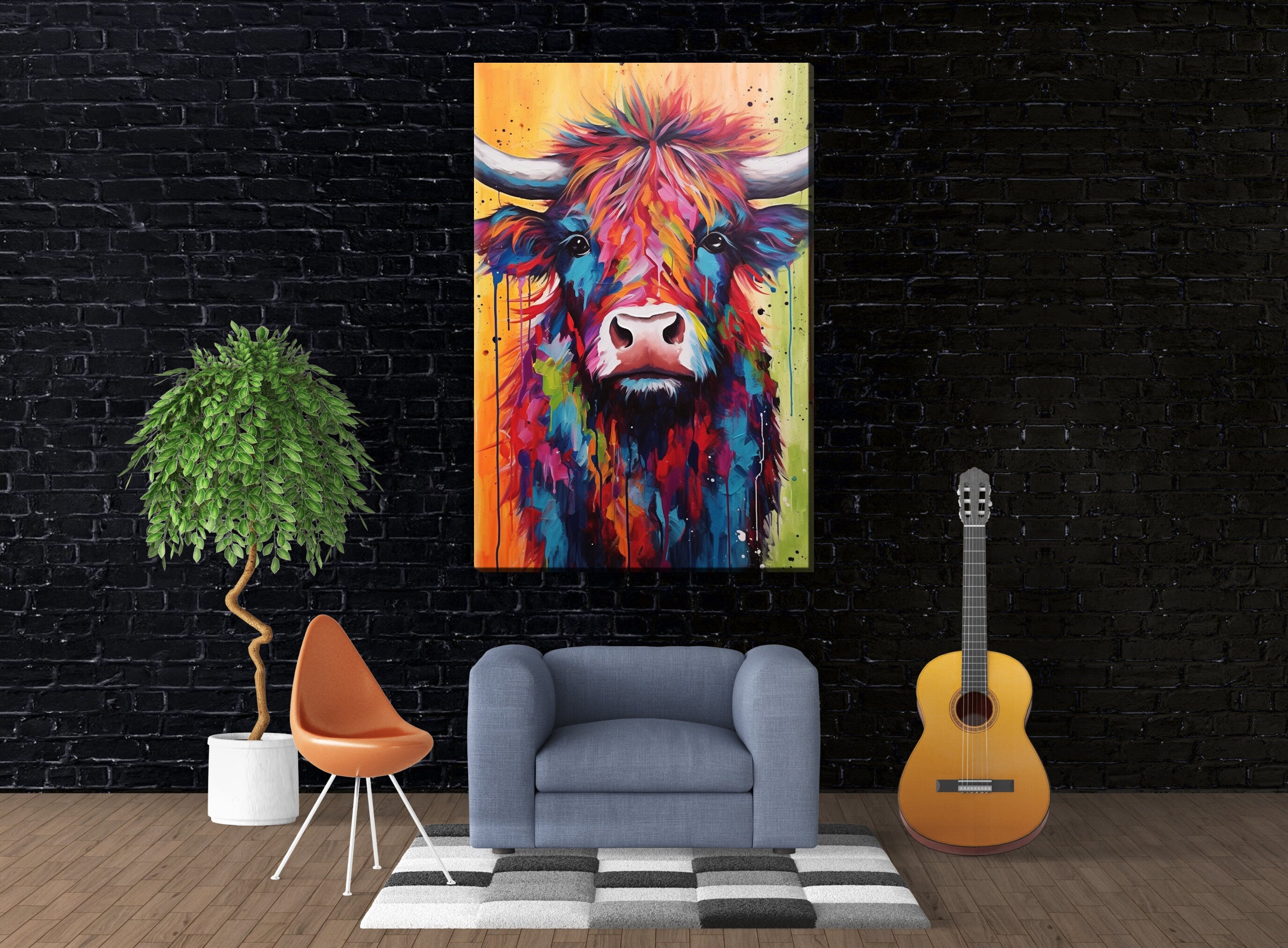 Baby Highland Cow Canvas - Colorful Rustic Calf Painting | Farmhouse Wall Art