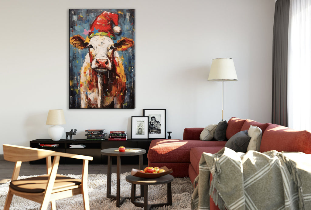 Festive Cow Canvas - Whimsical Christmas Wall Art | Holiday Farm Art Print