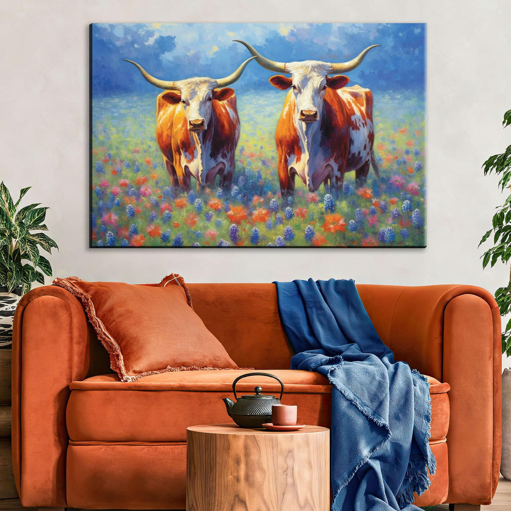 Texas Longhorn Canvas Art - Bluebonnet Painting | Large Western Wall Art Decor