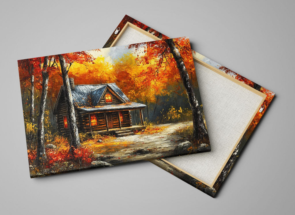 a rustic log cabin nestled in a picturesque autumn forest, with vibrant orange and yellow foliage surrounding the cabin.