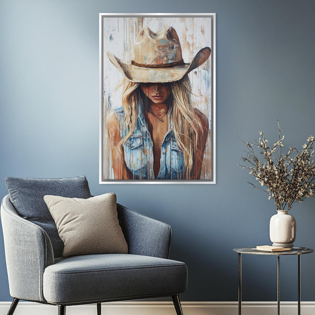 a painting of a woman wearing a cowboy hat