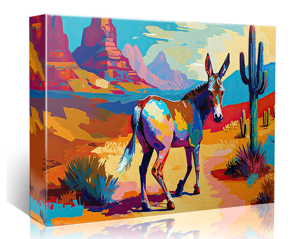 A colorful painting depicting a donkey standing in a desert landscape with mountains in the background.