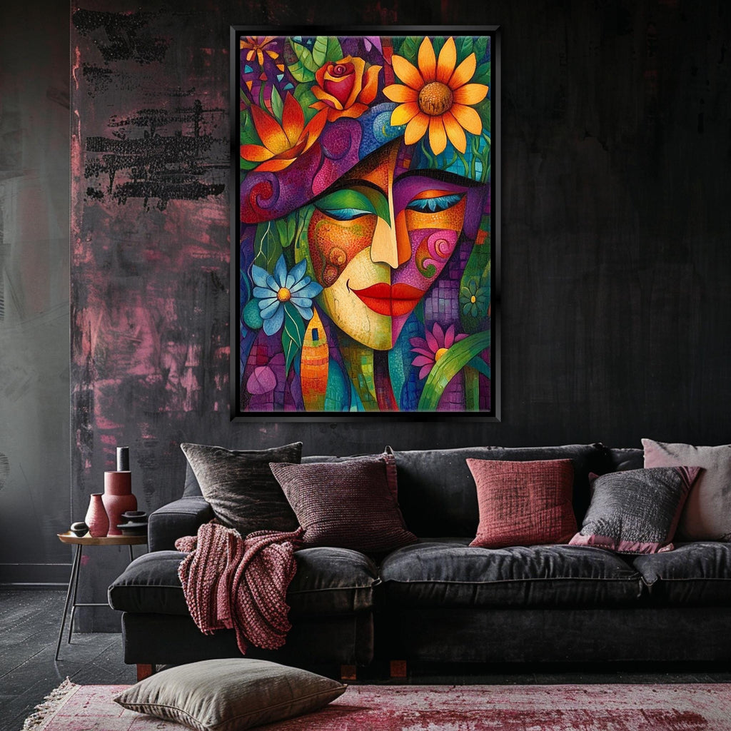 a living room with a couch and a painting on the wall
