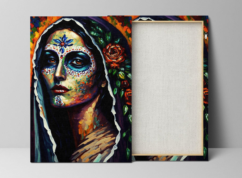 The image is a vibrant and colorful painting depicting a woman's face with intricate, colorful designs and patterns, including flowers and a headdress.
