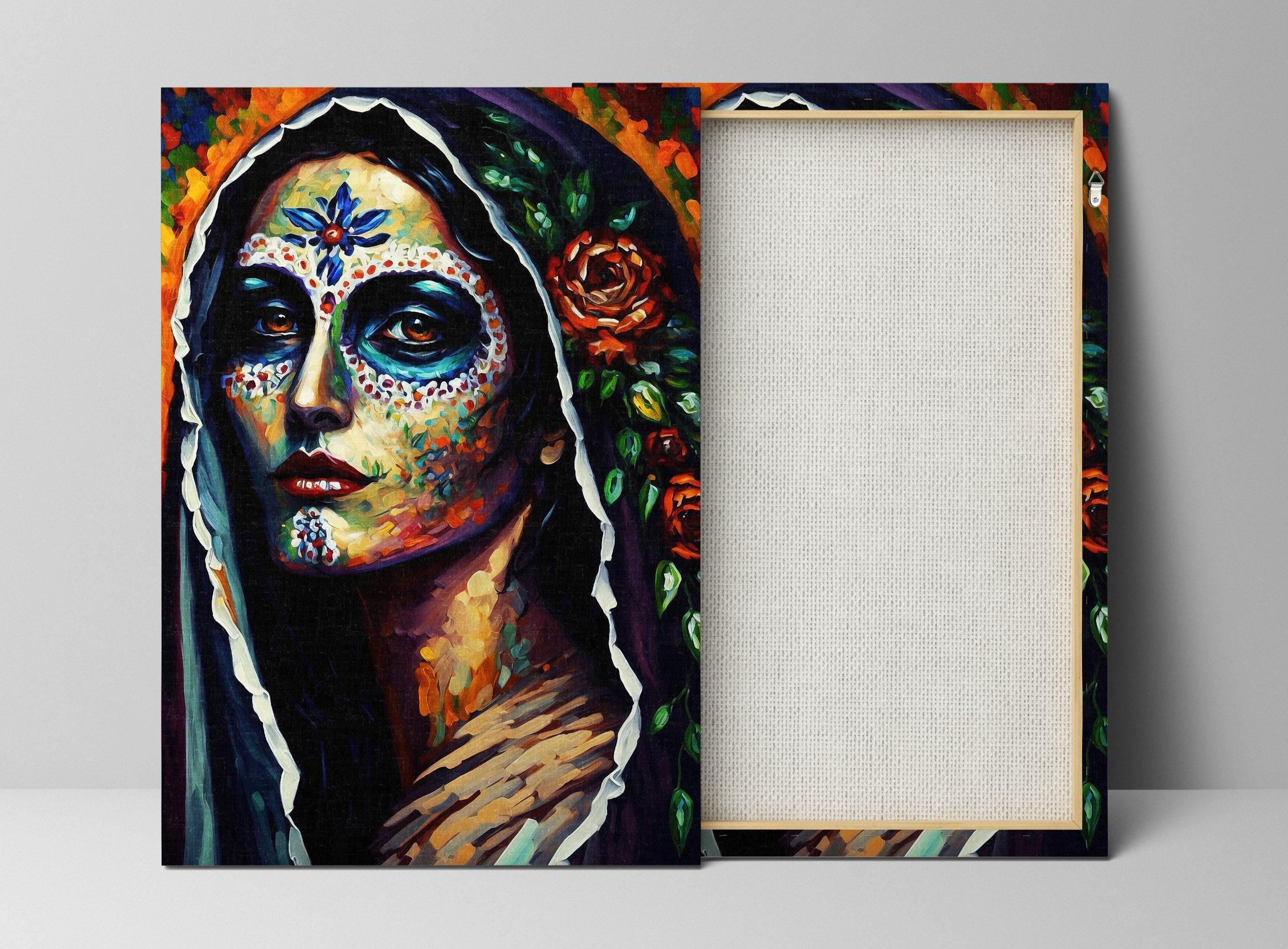 The image is a vibrant and colorful painting depicting a woman's face with intricate, colorful designs and patterns, including flowers and a headdress.