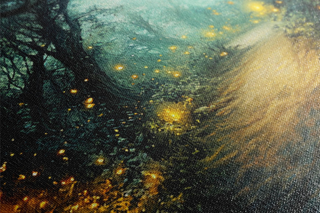 a painting of a forest filled with fireflies