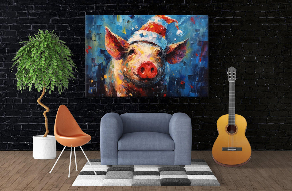 Santa Pig Painting - Whimsical Christmas Canvas Art | Extra Large Gallery Wrapped Print