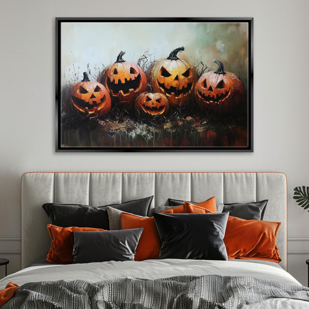 Halloween Wall Art – Extra Large Framed Canvas with Glowing Jack O Lanterns