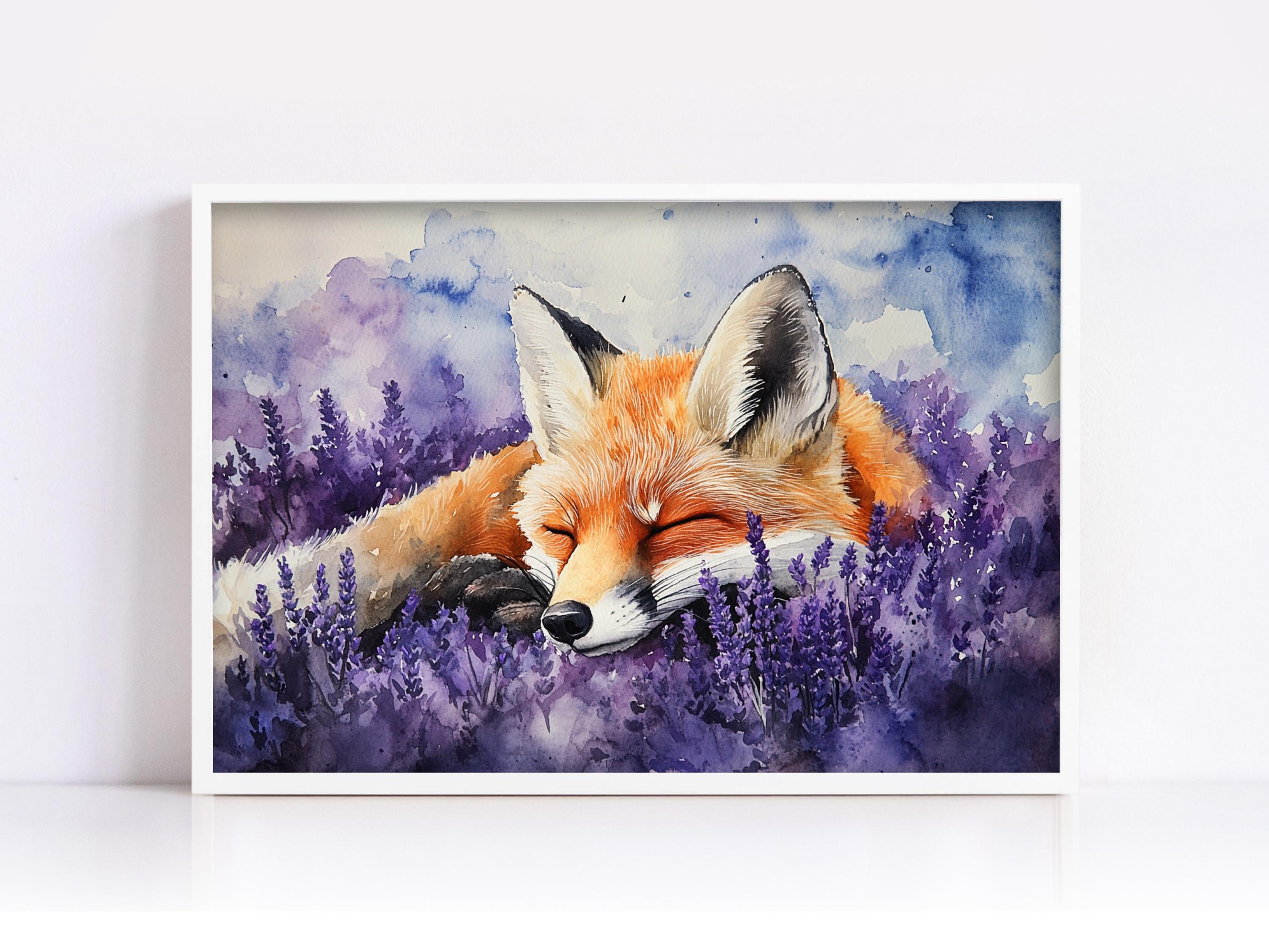 A painting of a sleeping fox resting in a field of purple flowers.
