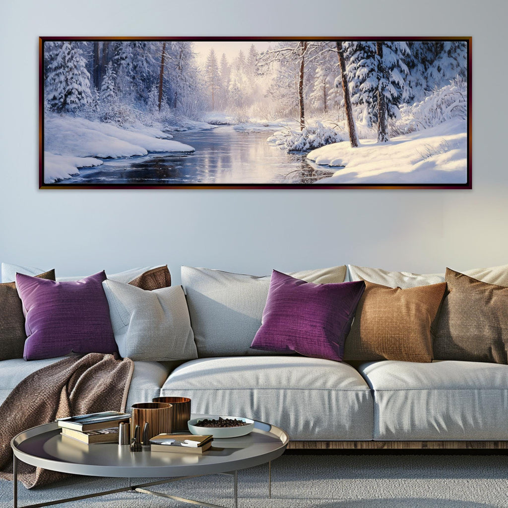 a living room with a couch and a painting on the wall