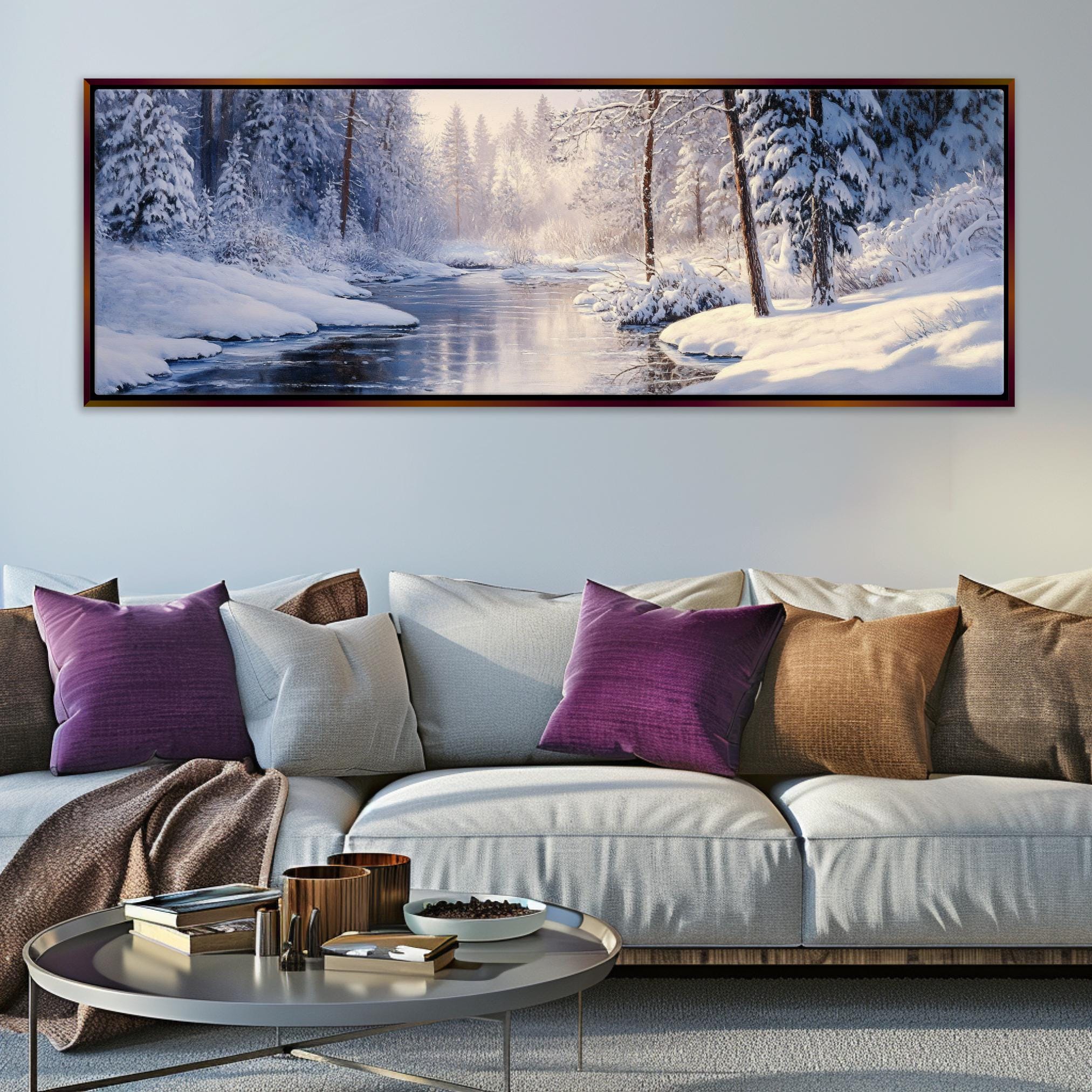 a living room with a couch and a painting on the wall