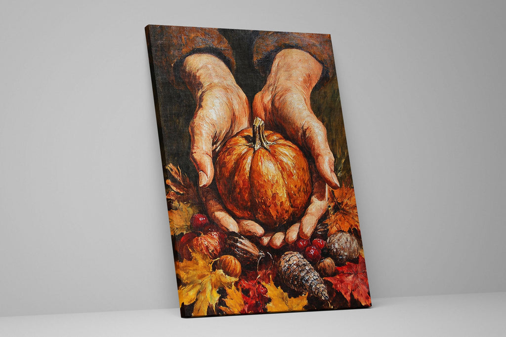 a pair of hands holding a pumpkin, surrounded by autumn leaves and other fall-themed objects.