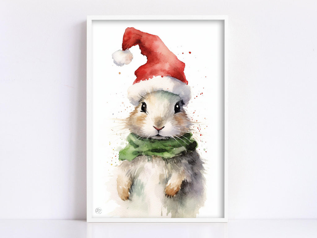 Festive Bunny in Santa Hat Watercolor Art Print, Giclee Print on Canvas, Artist Paper, Watercolor Paper, Available in Extra Large Sizes