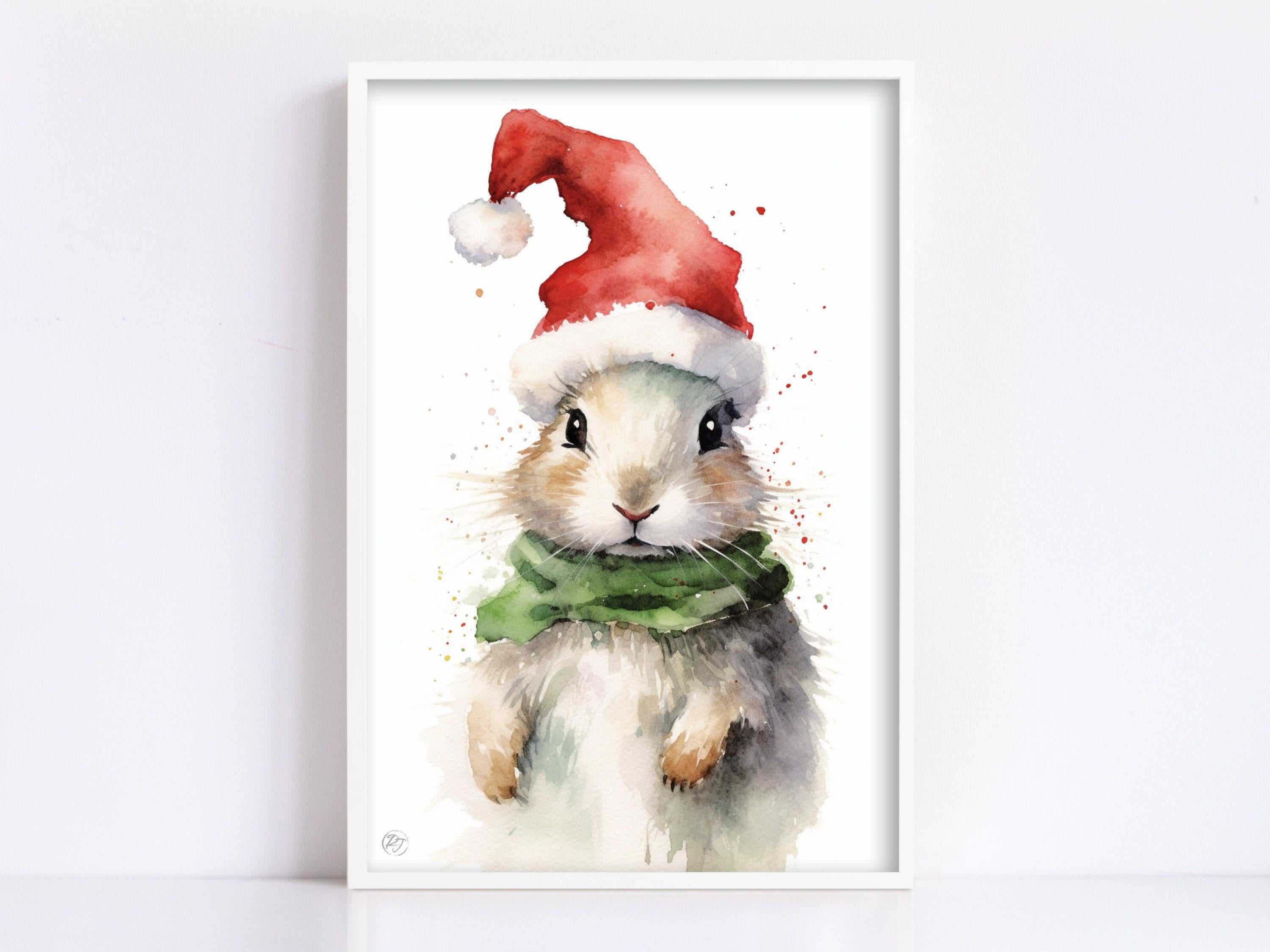 Festive Bunny in Santa Hat Watercolor Art Print, Giclee Print on Canvas, Artist Paper, Watercolor Paper, Available in Extra Large Sizes