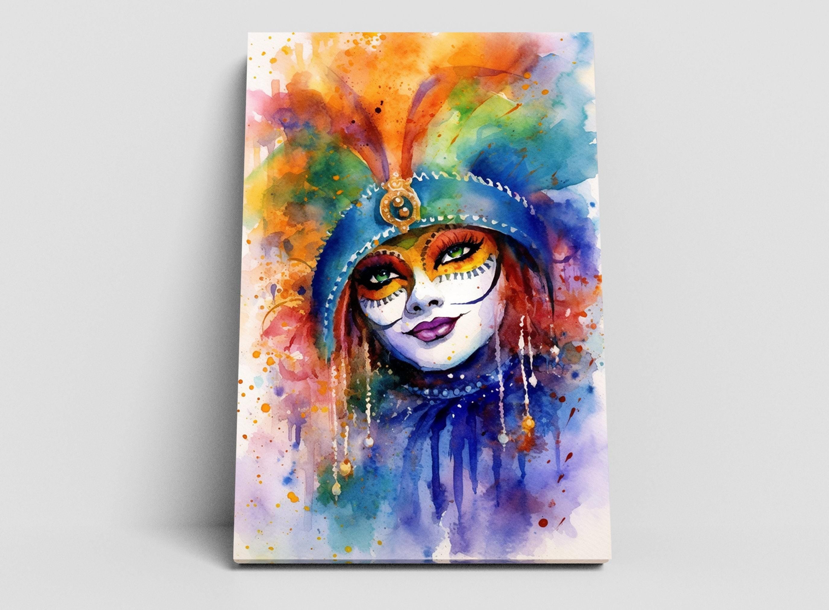 Mardi Gras Masked Woman Watercolor – NOLA Carnival Art, Print on Canvas, Artist Paper, Watercolor Paper, Available in Extra Large Sizes