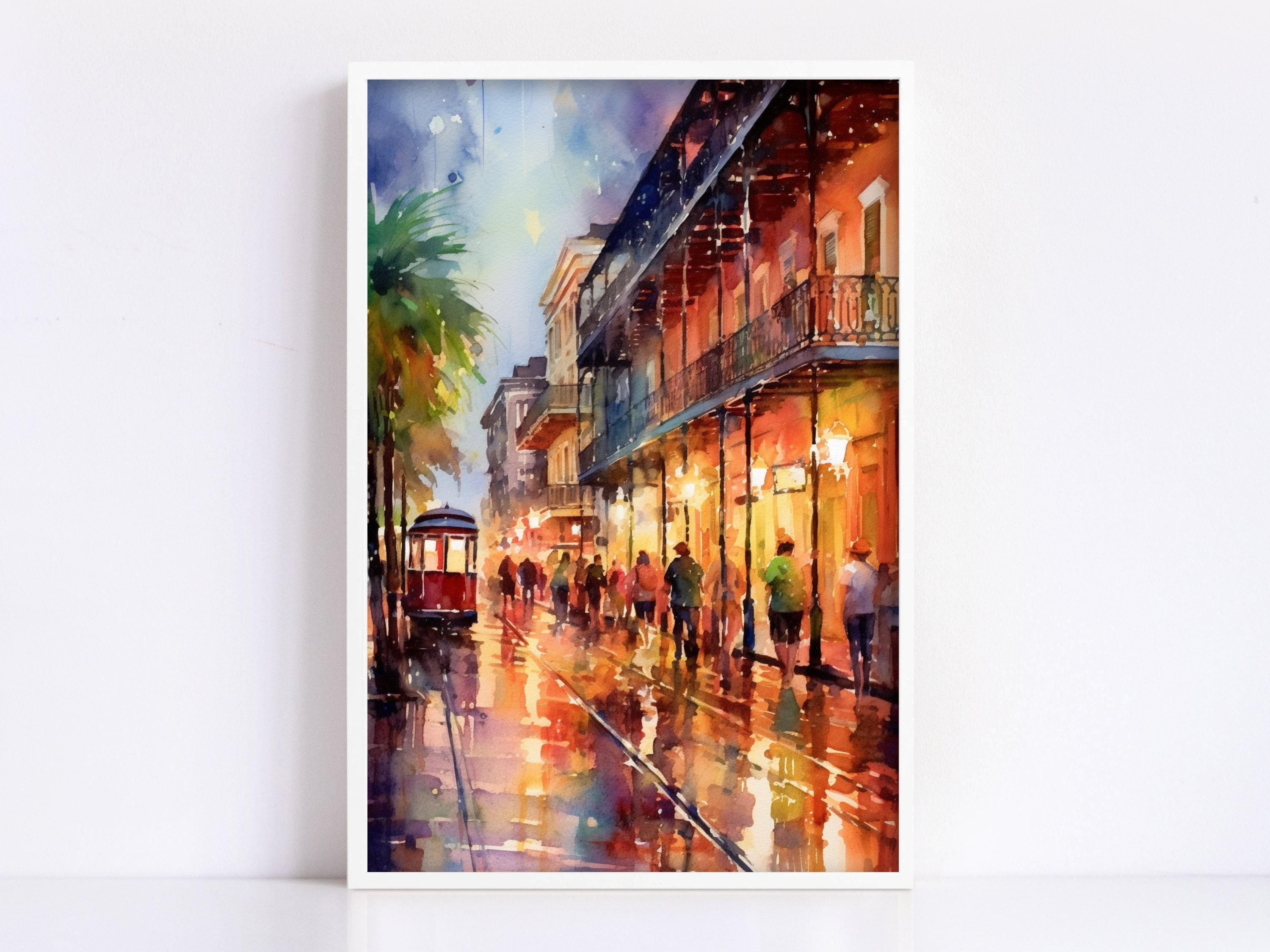 A vibrant watercolor painting depicting a lively street scene with a trolley car, people walking, and colorful buildings in the background.