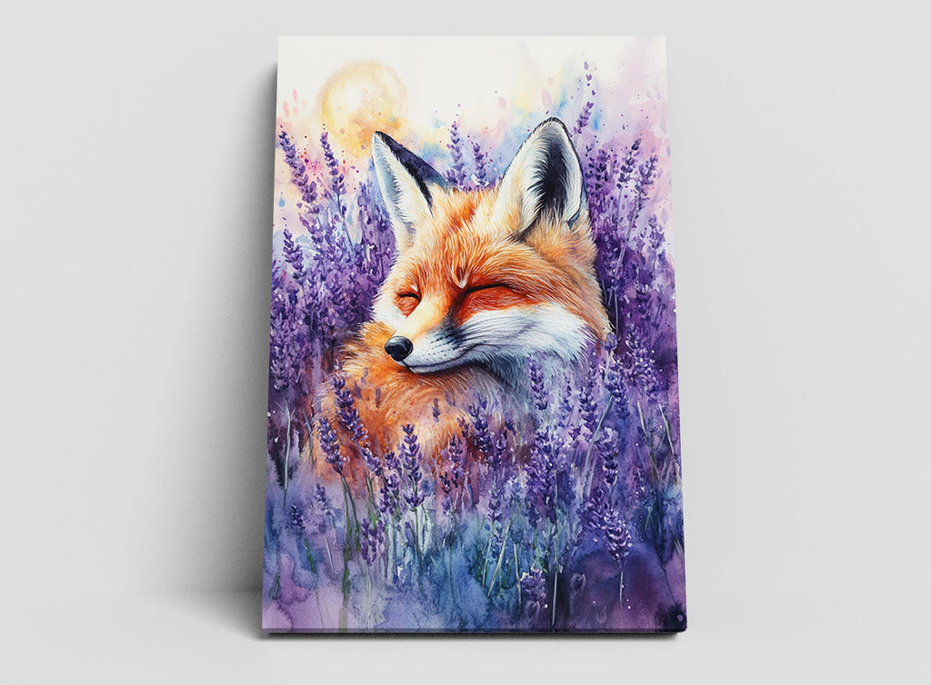 A painting of a fox resting in a field of purple flowers, with a full moon visible in the background.