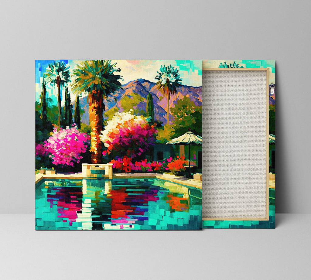 Palm Springs Canvas Print - Vibrant Colorful Pool Scene Painting on Gallery-Ready Canvas