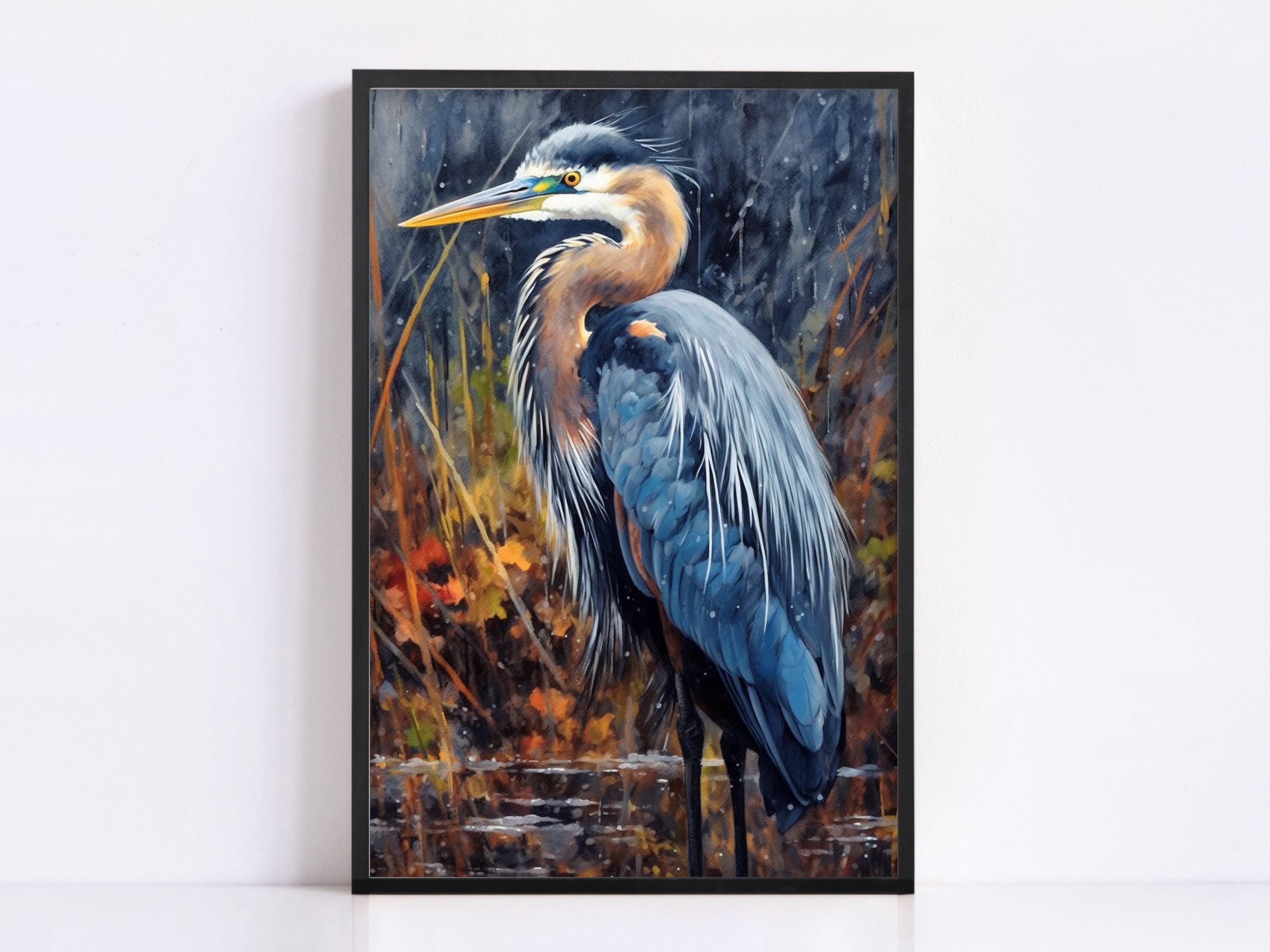Waterside Blue Heron Watercolor Art for Wall Display, Giclee Print on Canvas, Artist Paper, Watercolor Paper, Available in Extra Large Sizes