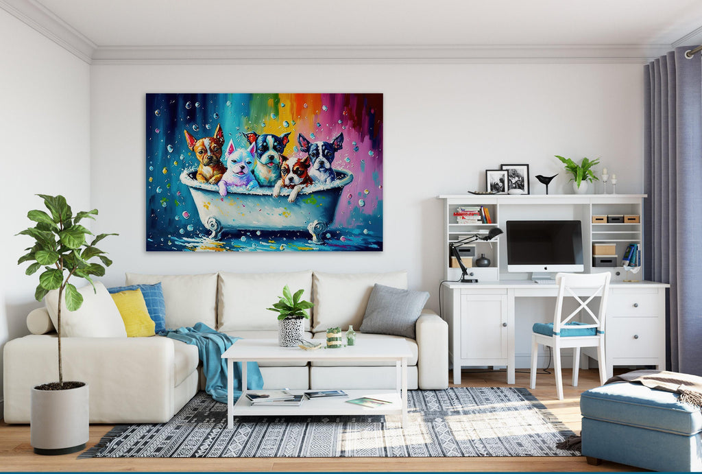Dogs in Tub Art – Vibrant Puppy Canvas Print with Playful Bathroom Dog Scene