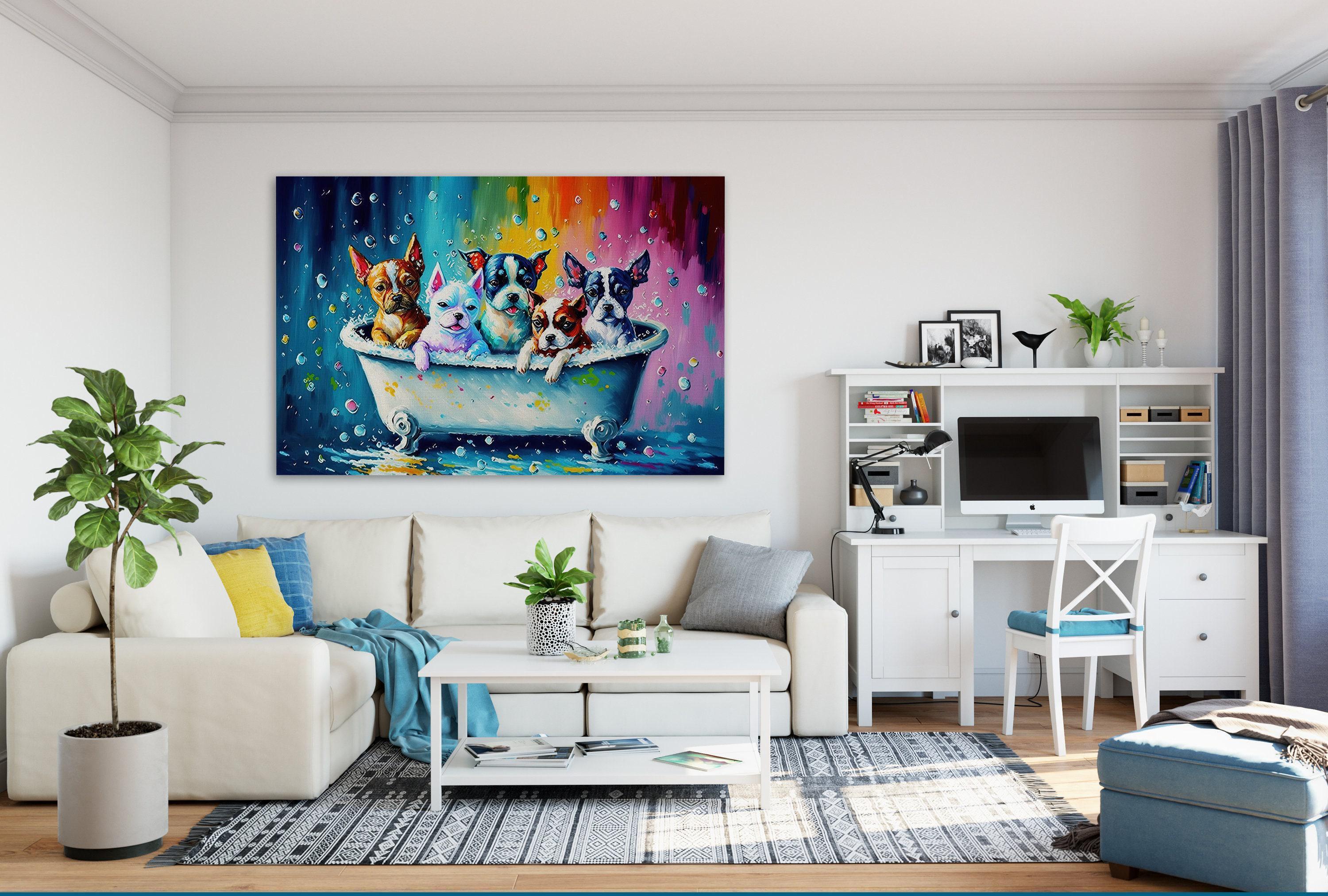 Dogs in Tub Art – Vibrant Puppy Canvas Print with Playful Bathroom Dog Scene