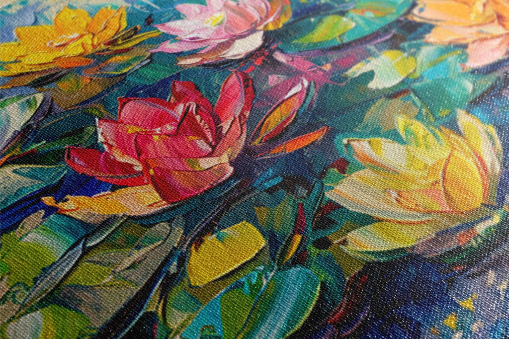Water Lilies Canvas | Large Canvas Art - Oversized Botanical Wall Art in Impasto Painting Style