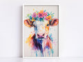A framed painting depicting a cow with a colorful floral crown on its head.