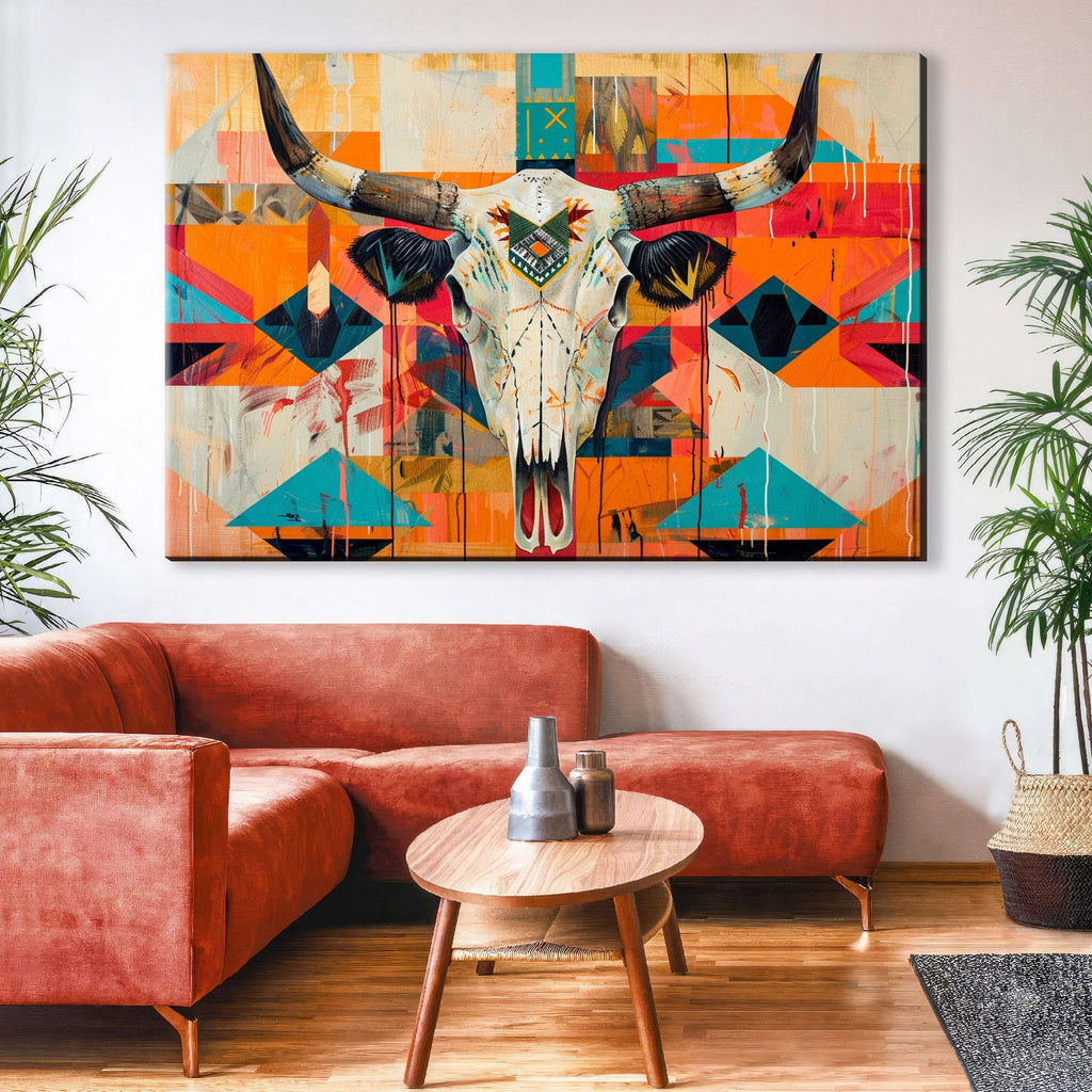 Native Cow Skull Art – Southwest Native Art on Extra Large Gallery Wrapped Canvas