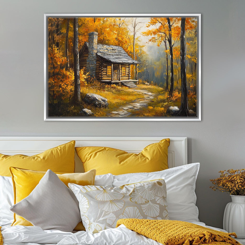 a cozy cabin nestled in a vibrant autumn forest, with a path leading up to the cabin and a warm, golden glow from the trees.
