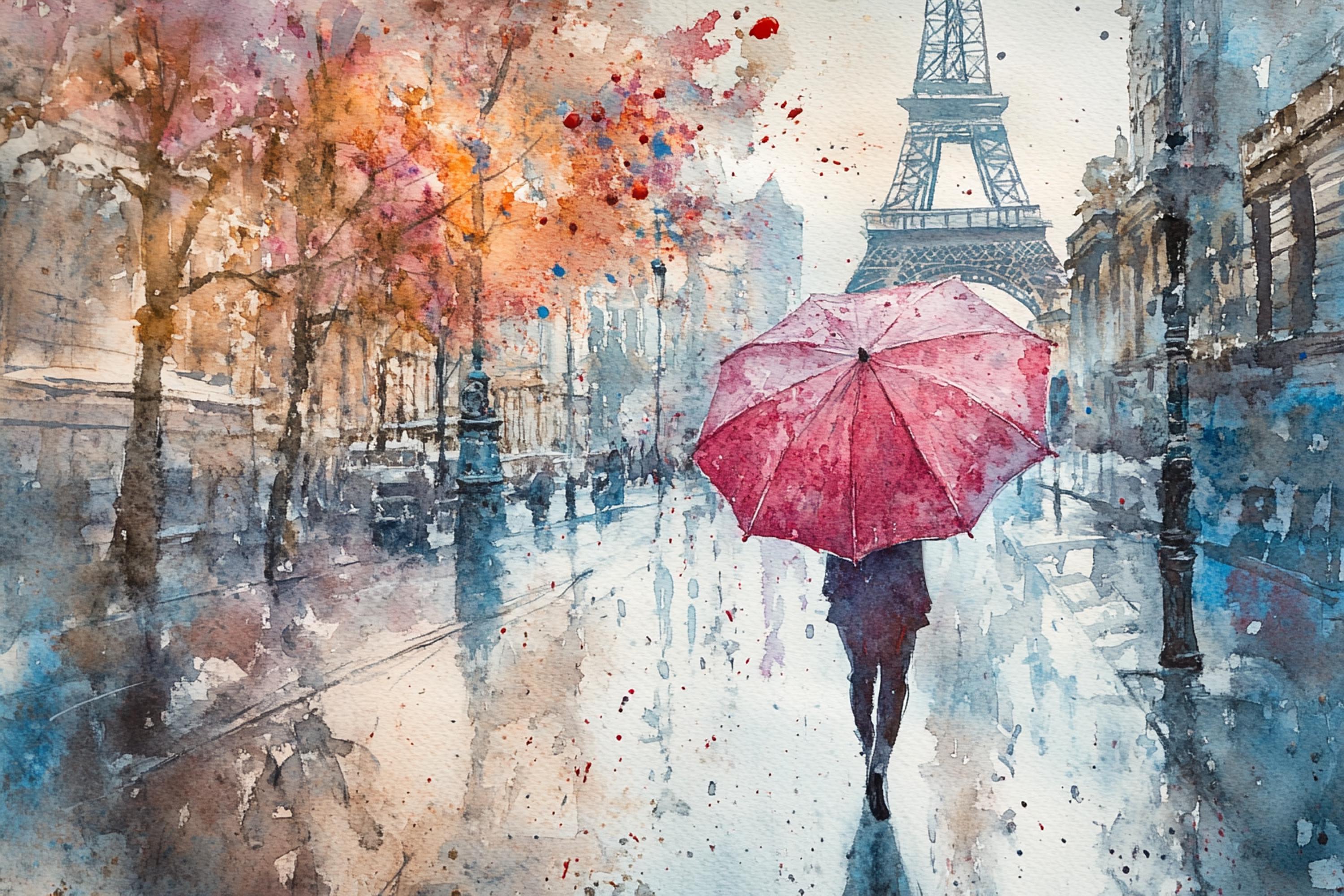 A watercolor painting depicting a rainy day in Paris, with a person walking down a street holding a red umbrella, and the Eiffel Tower visible in the background.