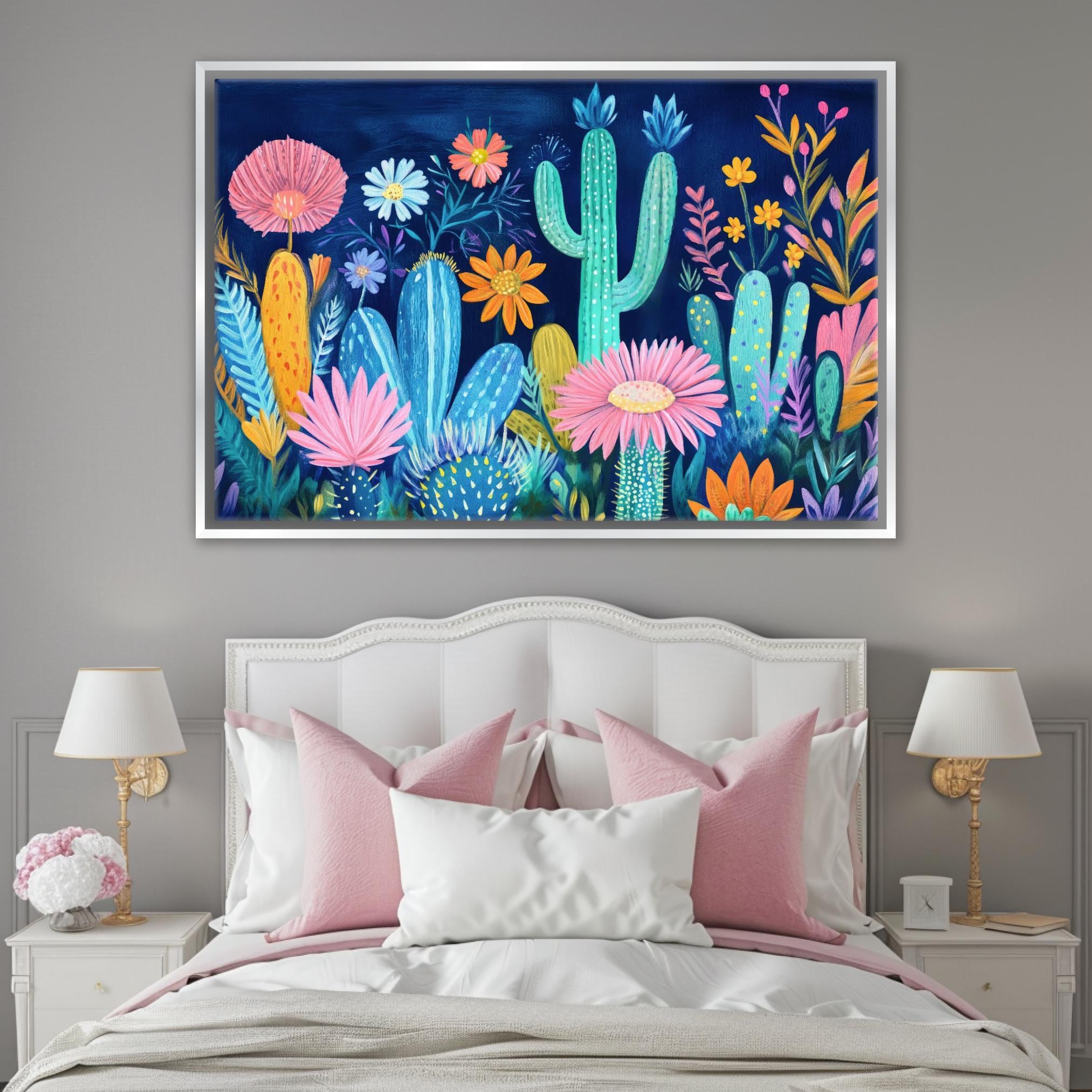 Boho Cacti Canvas Print | Bright Colorful Wall Decor - Framed Mexican Folk Art, Ready to Hang