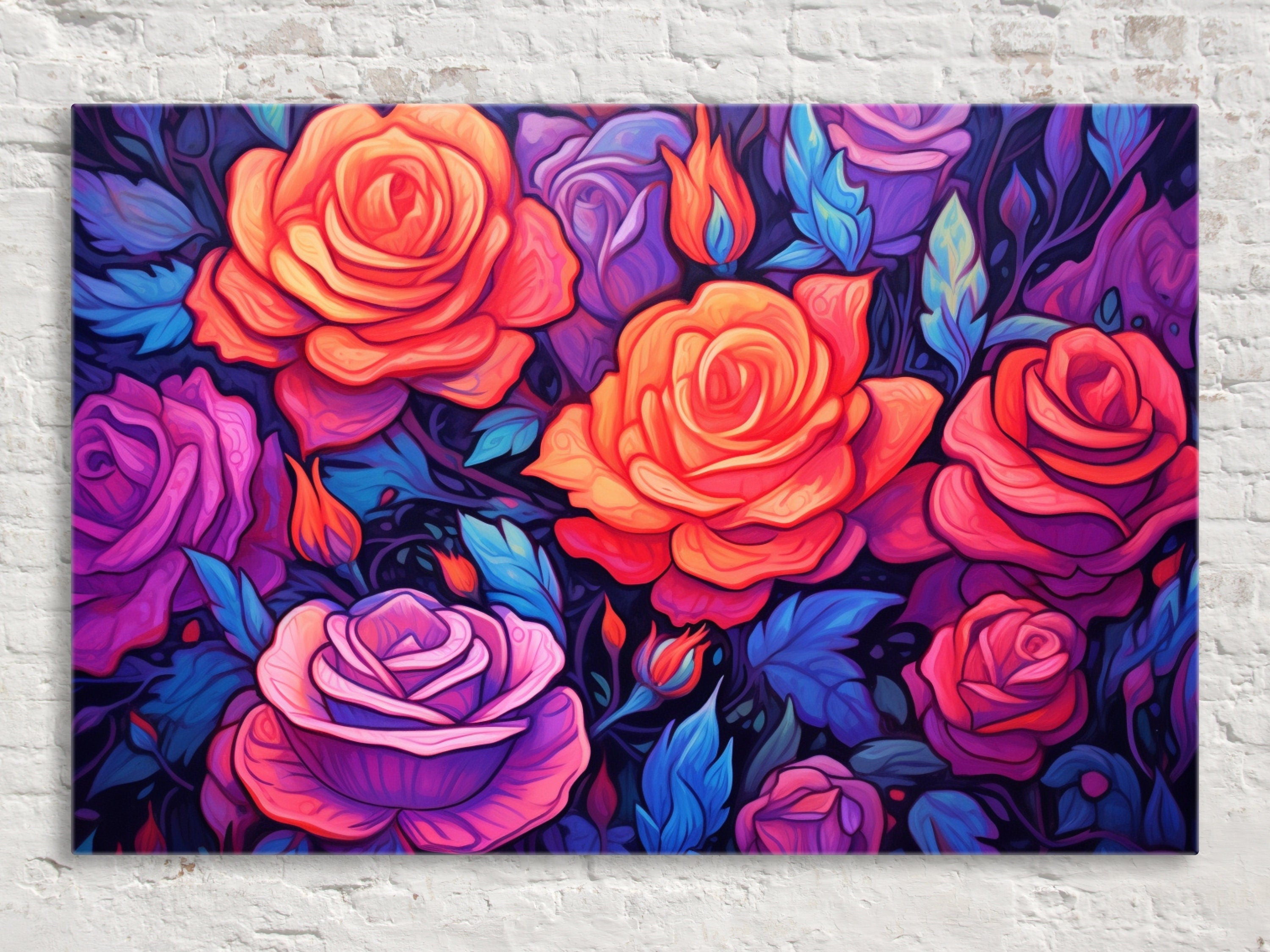 Canvas Wall Art – Neon Roses Floral Wall Decor on Large Gallery Ready Canvas Print