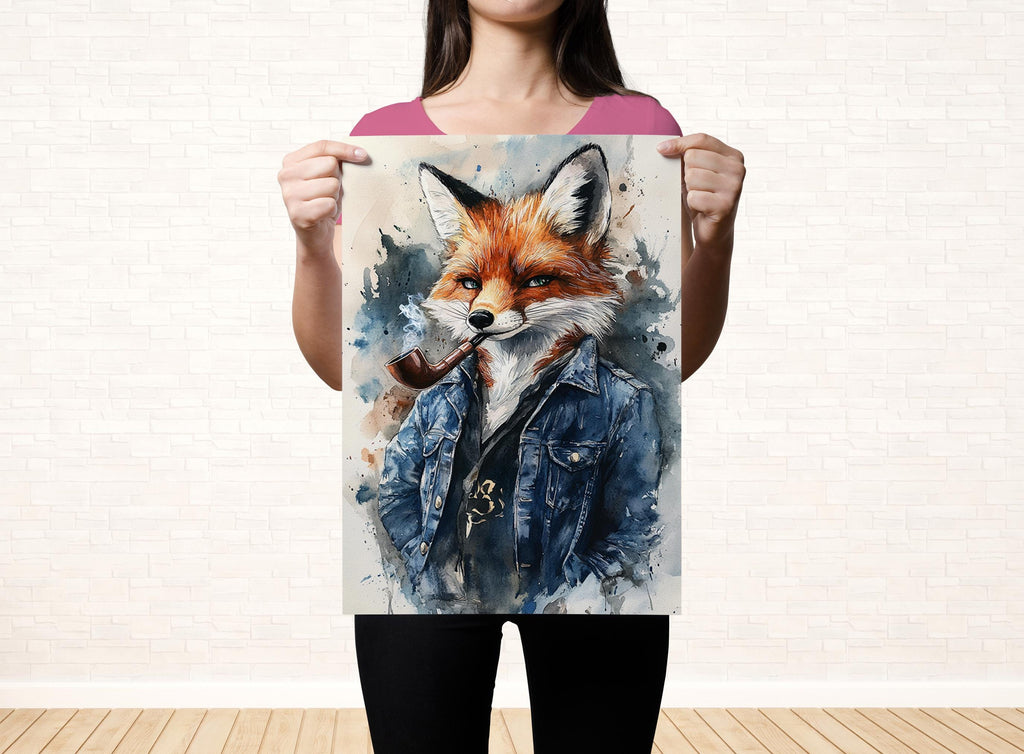 A woman is holding up a poster featuring a fox wearing a denim jacket and smoking a pipe.