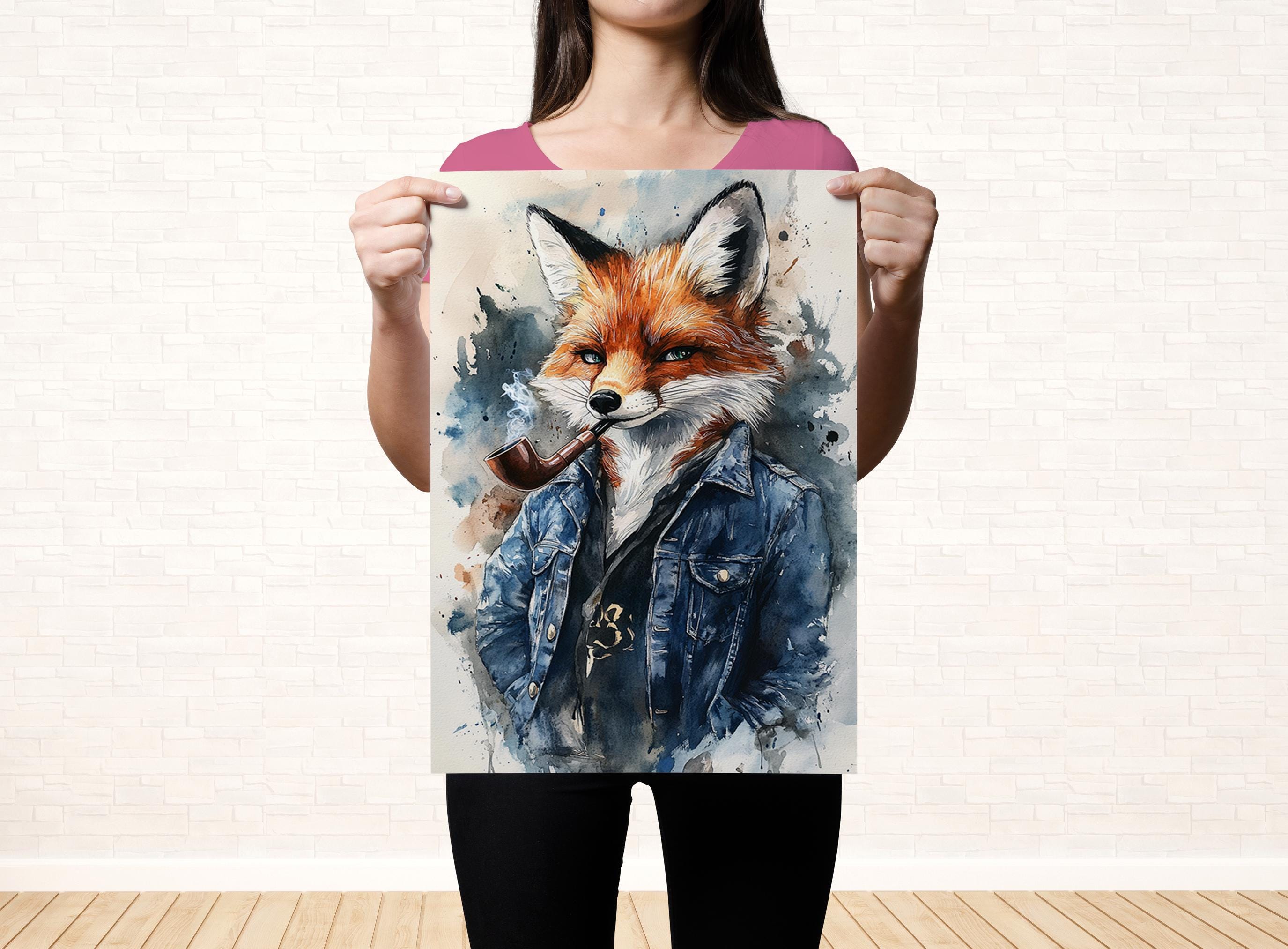 A woman is holding up a poster featuring a fox wearing a denim jacket and smoking a pipe.