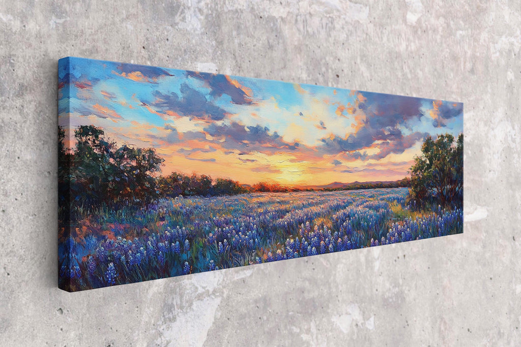 a painting of a sunset over a field of flowers